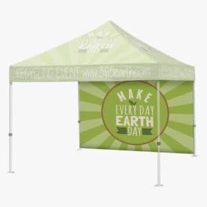 A tent with a wall and a banner on it.