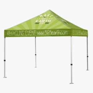 A green tent with an advertisement on it.