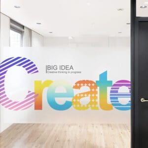 A room with a door and a wall that says " create ".