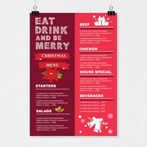 A red and white menu with christmas designs.