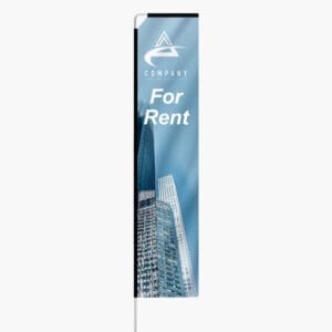 A banner that says for rent in front of a building.