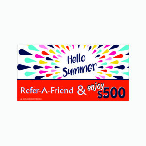 A referral card with colorful splashes and the words " hello summer ".