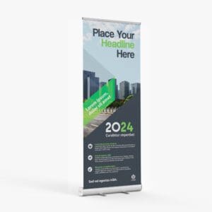 A roll up banner stands in front of a city.