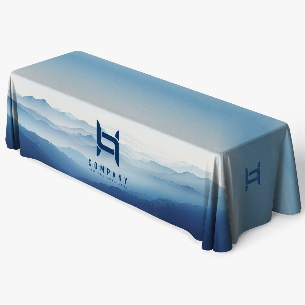 A table cover with an image of mountains on it.