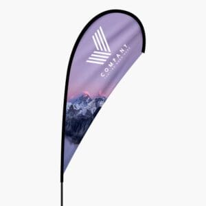 A purple and white flag with mountains on it