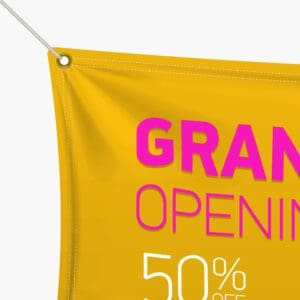 A yellow banner with the words grand opening 5 0 % off.