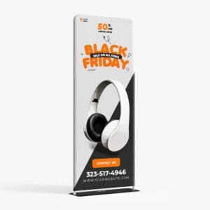 A black friday sign with headphones on it