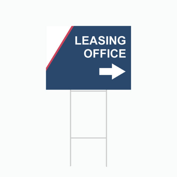 A blue sign with the words leasing office on it.