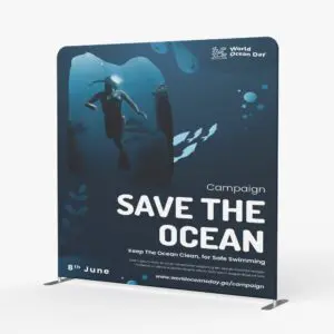 A stand with an ocean themed advertisement on it.