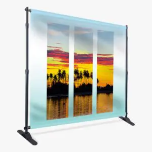 A large screen with three pictures on it.